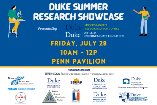A graphic containing the title and date details for the event (Duke Summer Research Showcase, Friday, July 28, 10AM - 12PM Penn Pavilion) as well as the logos from each participating program.